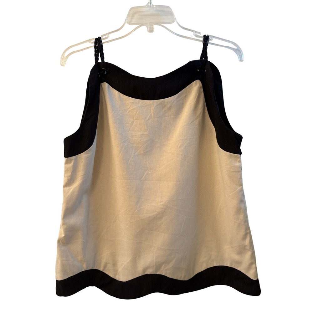 Aureum Linen Cotton Colorblock Scalloped Spaghetti Strap Top Black Cream Medium